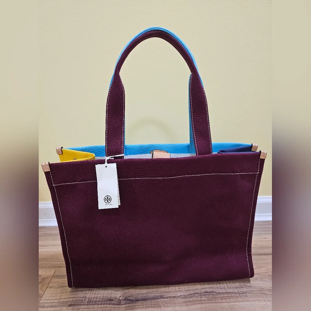 NEW TORY BURCH ELLA COLOR-BLOCK CANVAS TOTE - Picture 4 of 17